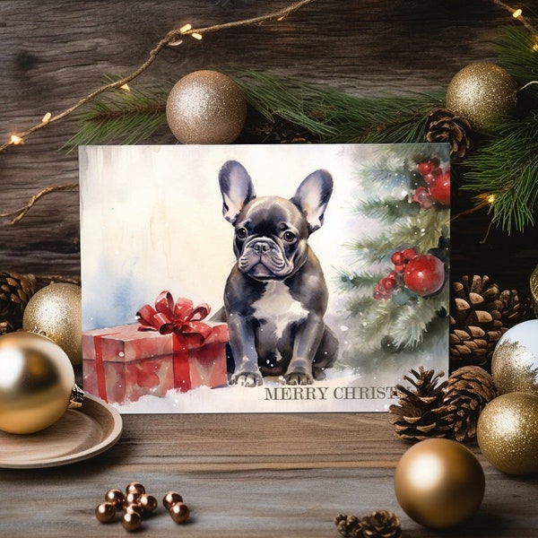 Französische Bulldogge Weihnachtskarte - Klappkarte im DIN A6 Format quer auf hochwertigem Papier -Perfekt für Hundeliebhaber