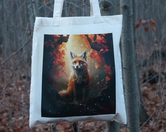 Sustainable fabric bag with mystical fox motif on black or beige - Hand-printed from 100% cotton | Immerse yourself in nature | Jute bag