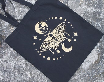 cotton fabric bag "Moon Moth" for all who love dark, black magic and mystical things. handmade in silver or gold!