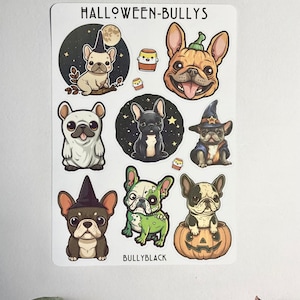 Foglio di adesivi Bulldog francesi con motivi di Halloween su formato DIN A6 per gli amanti dei cani, per diario, scrapbooking o quaderno, Bulldog francese