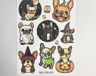 Sticker sheet French bulldogs in Halloween motifs, DIN A6, stickers for dog lovers, journaling or scrapbooking as a hobby.