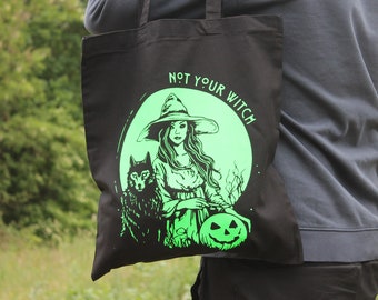 Black cotton witch tote bag handprinted in neon green or gold eco friendly mystical gothic accessory for witches magic and dark style