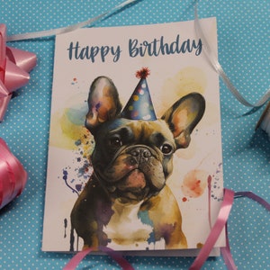 Biglietto di auguri per il compleanno del Bulldog francese - Biglietto pieghevole fatto a mano in formato DIN A6 su cartoncino offset di alta qualità, perfetto per gli amanti dei cani