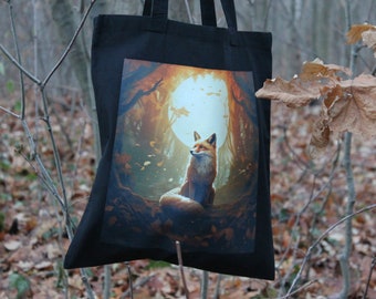 Sustainable fabric bag with mystical fox motif on black - Hand-printed from 100% cotton | Immerse yourself in nature | Jute bag
