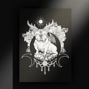 Postkarte Französische Bulldogge im mystischen Halloween Design als Deko oder Grußkarte für schwarze Magie Fans und Tierliebhaber