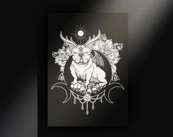 French bulldog in mystical design as postcard for Halloween and for lovers of black things