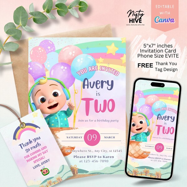 Kids Rainbow Pastel 2nd Birthday Party, Turning 2, Coco Girl Birthday Digital Invitation, Phone Evite, Canva Editable Template