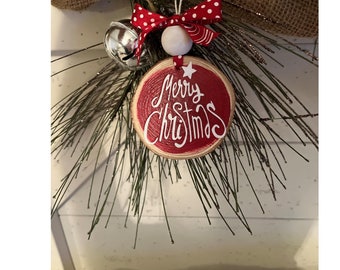 Merry Christmas Red Wood Slice Ornament.  Rustic Red White Tree Ornament. Merry Christmas Ornament