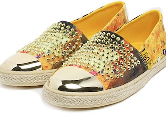 The Kiss Slip-On Canvas Shoes for Women, Klimt Inspired, Stud Detail, Comfort Insole