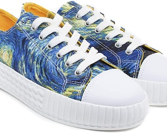 Starry Night Women’s Low Top Canvas Shoes, Van Gogh Inspired Sneakers, Platform Sole