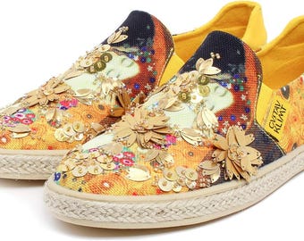 The Kiss Slip-On Wohnungen für Frauen, Klimt inspiriert, Gold Blumen Detail, Canvas Schuhe