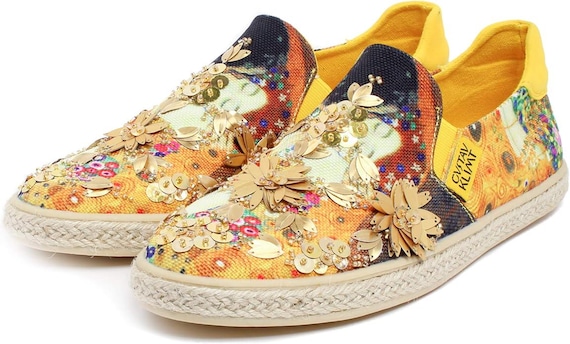 The Kiss Slip-On Flats for Women, Klimt Inspired, Gold Flower Detail, Canvas Shoes