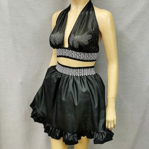 Vegan Black Leather Mini Skirt - Short Flared Eco-Friendly Faux Leather Skirt with Frill.