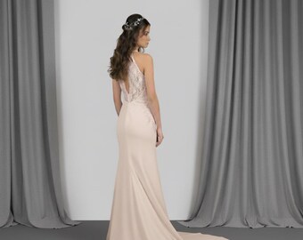 Minimalist Ivory Maxi Wedding Gown: Bare Shoulders, Embroidered Train, Minimalist Bridal Dress