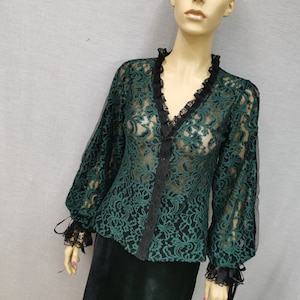Elegant Green Lace Victorian-Style Blouse with Puffed Long Sleeves - Gothic Inspired Fashion