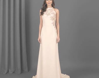 Simple snow-beige wedding dress Bridal maxi dress. White wedding dress with train. Minimalist long dress. Christmas Attire