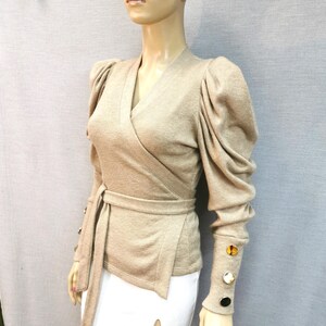 Elegant Edwardian Victorian Wrap Blouse - Vintage Inspired Beige Top for Historical Reenactment.