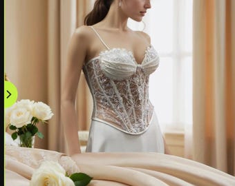 White Transparent Corset Adjustable corset with Embroidered Lace & Sequins for Wedding or Evening Wear. Christmas Attire