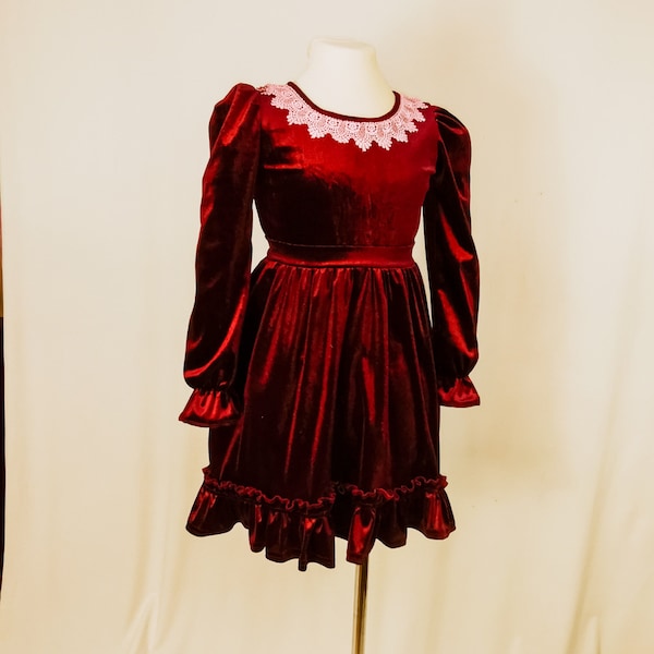 Handmade velvet dress for children's. Burgundy dress for girls.Velvet marsala dress for girls. Christmas dress for girls.