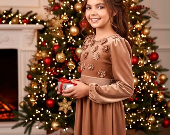 The Perfect Christmas Outfit for a Dressy Family Christmas Eve, Children's VelvetDress with 3D Applique - Burgundy, Beige, Red .