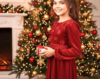 The Perfect Christmas Outfit for a Dressy Family Christmas Eve, Children's Velvet Girls Dress, Unique Applique Details.