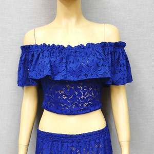 Spanish-Style Blue Guipure Lace Crop Top with Frill - Short Blouse for Dancing.