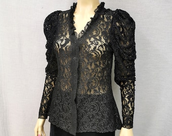 Blusa transparente negra vintage con cuello bordado camisa de