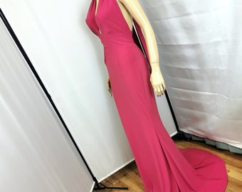 Dark pink maxi bridesmaid dress. train dress. Open back dress