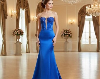 Royal Blue Satin Wedding Corset with Decorative Applique and Thick Cups.
