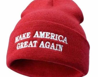 Embroidered MAGA Beanie Red Cuffed Knit Winter Hat Trump