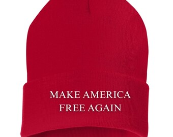 Embroidered MAGA Free Again Beanie Red Cuffed Knit Winter Hat Gift Funny Trump Freedom