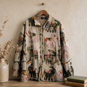 Vintage Orvis Elephant Patchwork Jacket | Boho Folk Art Coat |  Artisan Appliqué Jacket | Animal Print Outerwear | Cottagecore Style