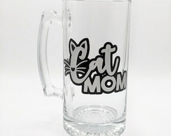 Cat Mom Beer Mug, Etched Glass Stein, 26.5 oz Large Drinkware