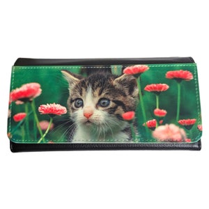 Kitten in Flowers - Cartera triple para mujer, cierre a presión - incluye monedero con cremallera, múltiples tarjeteros y billetes. Perfecto para mamá gata