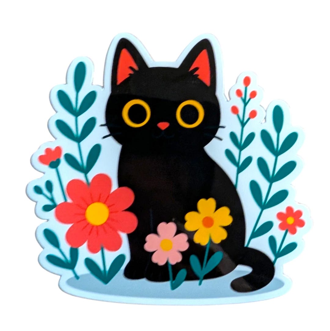 Black Cat Floral Sticker | Cottagecore Vinyl Decal for Planners ...