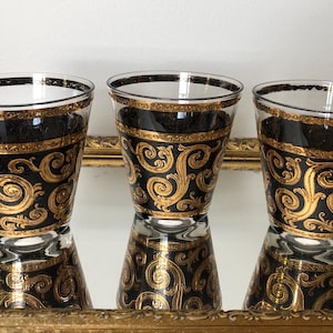 Black and 22k Gold Culver Vintage 1950s Midcentury MCM Drinking Glasses - Set of 3