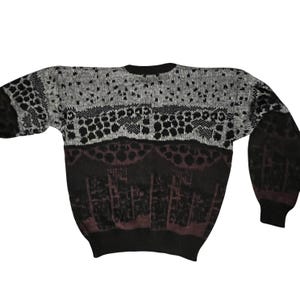 Grey Black and Plum Vintage 80s Knit Pullover Sweater - Women&#39;s M