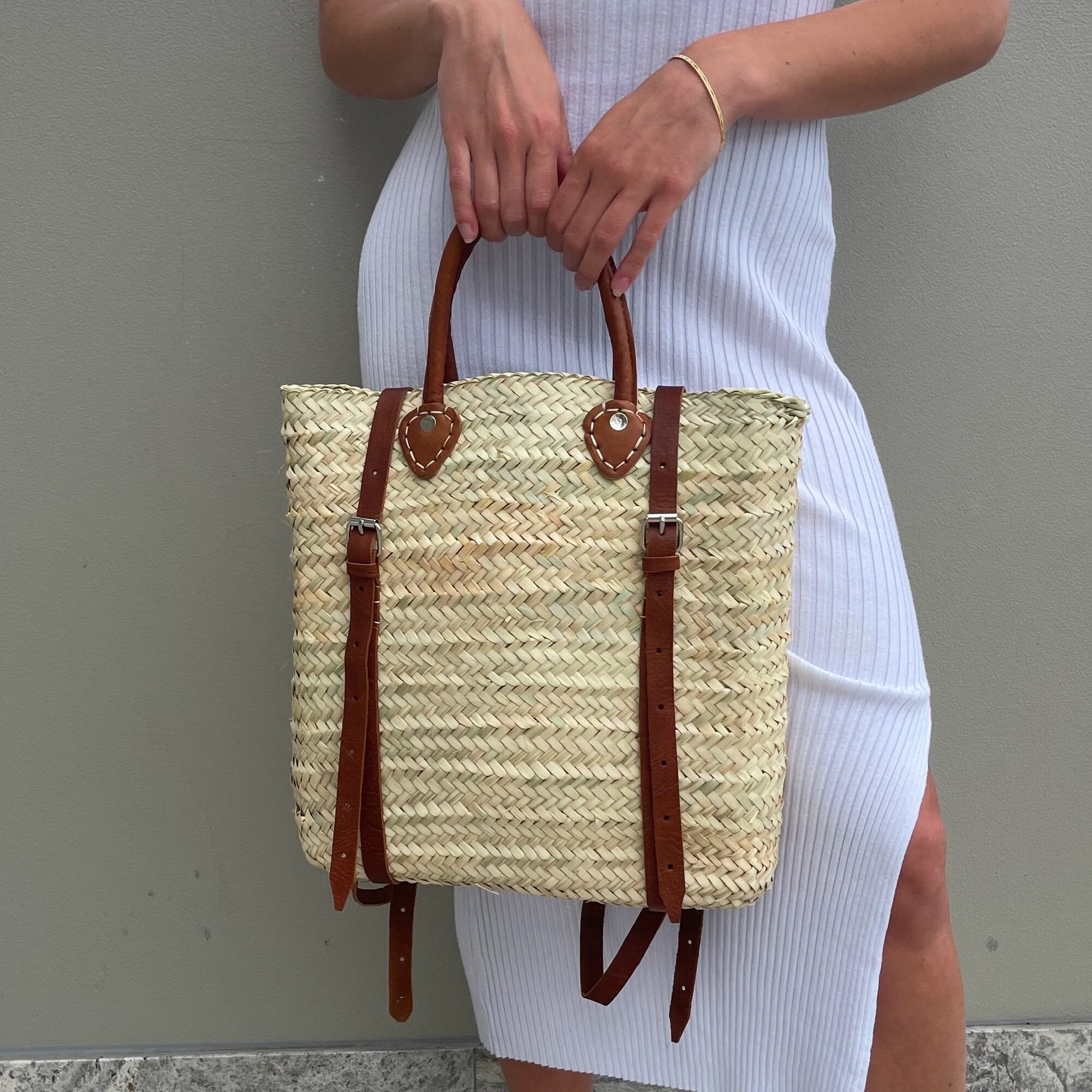  French basket backpack with leather strap,Carry Sunshine  Everywhere, Straw backpack, Beach bag, Hipster backpack, straw basket,  summer bag : Handmade Products