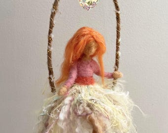 Free Spirit Fairy Suncatcher, Needle Felted Hanging Fairy Ornament, Boho Fiber Art, Handmade Waldorf Inspired Decoration