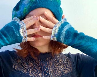 Felted Wool Hat & Wrist Warmers – Hand-Felted Merino Beret Gift