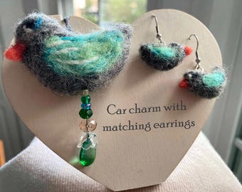 Felted Bird Earrings & Matching Car Charm Set