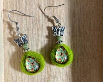 Woodland earrings, Felted earrings, Mandala glass mix media earrings with butterfly, Green earrings, Staines steel hooks
