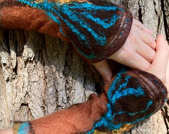 Felted Wool Wrist Warmers, Unique Wearable Art, Fingerless Gloves, Boho Winter Accessories