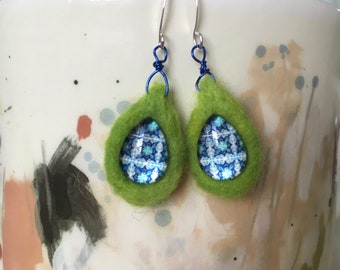 Wool Felted Earrings With Glass Teardrop