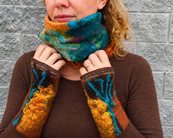 Nuno Felted Merino Cowl. Wool and Silk. Rich Brown, Turquoise, Green,  Golden Orange.