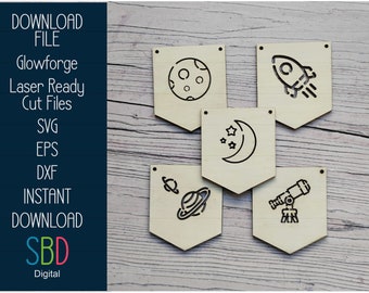 スペース バンティング - 木製保育園バンティング ファイル - レーザー対応テンプレート - SVG カット ファイル - Glowforge Digital ダウンロード