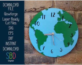 Planet Earth Clock SVG - Wooden Clock File - Laser Ready Template - Nursery Clock File - SVG Cutting File - Glowforge Digital DOWNLOAD