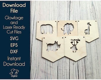 サファリ バンティング - 木製保育園バンティング ファイル - レーザー対応テンプレート - SVG カット ファイル - Glowforge Digital ダウンロード