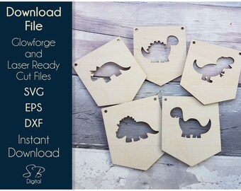 恐竜の旗 - 木製保育園旗ファイル - レーザー対応テンプレート - SVG カットファイル - Glowforge Digital ダウンロード