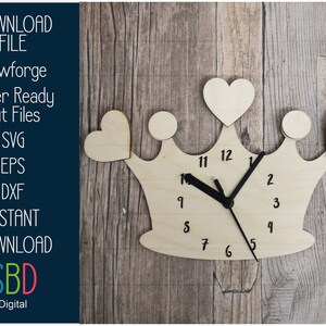 May include: A wooden clock shaped like a crown with a heart on top. The clock face is white with black numbers and hands. The clock is on a wooden background. DOWNLOAD FILE Glowforge Laser Ready Cut Files SVG EPS DXF INSTANT DOWNLOAD SBD Digital